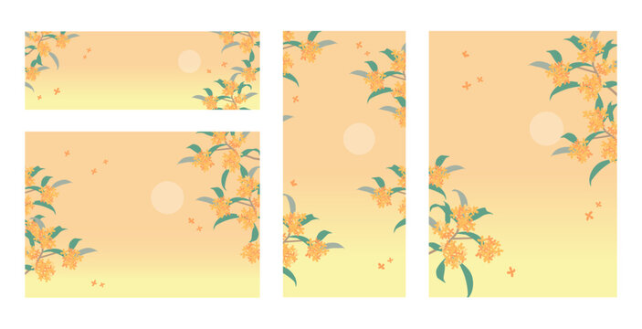 9月の夕暮れと金木犀の背景セットイラスト