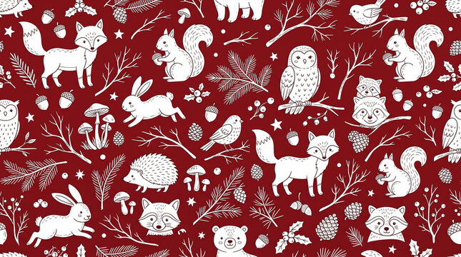 A festive seamless pattern featuring white hand drawn woodland animals like foxes owls squirrels and rabbits on a deep red background for winter holiday designs