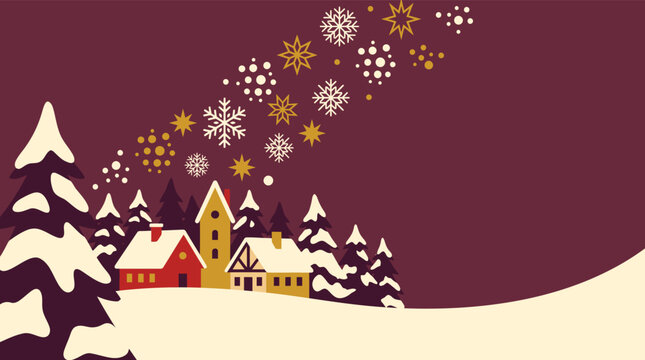 A charming and festive christmas background vector illustration depicting a snow covered village with cozy homes twinkling lights and a beautiful winter scene