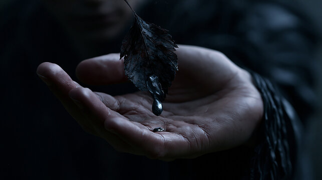 Dark withered autumn leaf dripping liquid mercury onto an open human palm in moody atmospheric lighting
