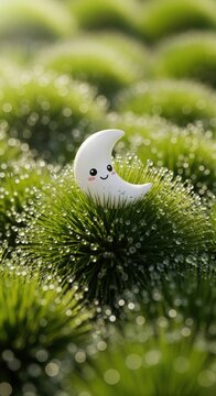 A tiny, smiling crescent moon character peeking out from a dew-kissed patch of vibrant green grass, bathed in soft morning light, evoking a sense of gentle awakening