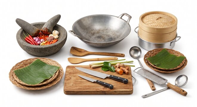 Collection of traditional Indonesian kitchen utensils and cooking equipment with fresh spices isolated on white background.