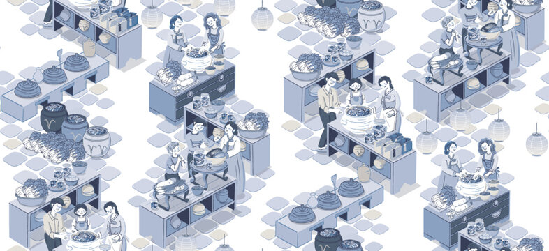 Kimjang Korean Kimchi Making Culture Indigo Monochrome Seamless Pattern Vector Illustration