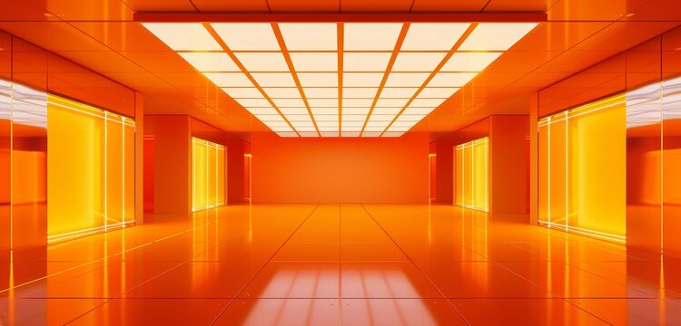 Bright orange futuristic corridor with glowing panels and a reflective floor, creating a vibrant and modern interior scene