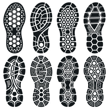 A collection of various shoe sole prints and patterns isolated on white.