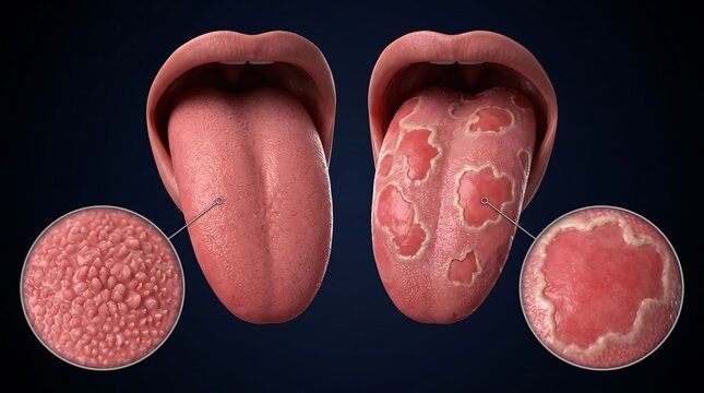 Comparison of a healthy human tongue with a tongue affected by a medical condition, showing inflamed patches and altered surface texture.