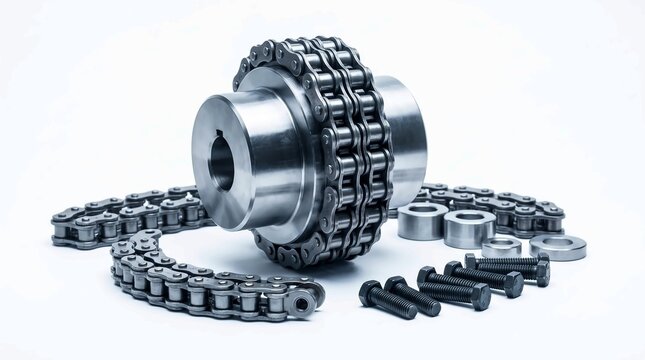 Industrial heavy duty steel chain sprocket assembly with bolts presented as isolated on transparent background