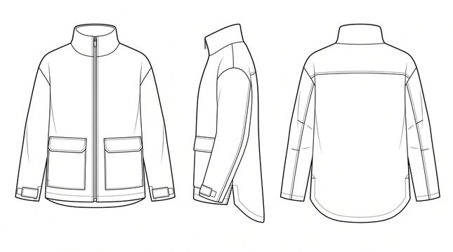 Unisex Utility Jacket Fashion Technical Flat Sketch, Front Side and Back View Vector Illustration for Clothing Design