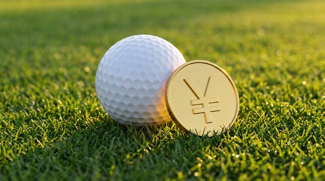 Golden Yen currency coin and golf ball resting on a sunlit, manicured green lawn.