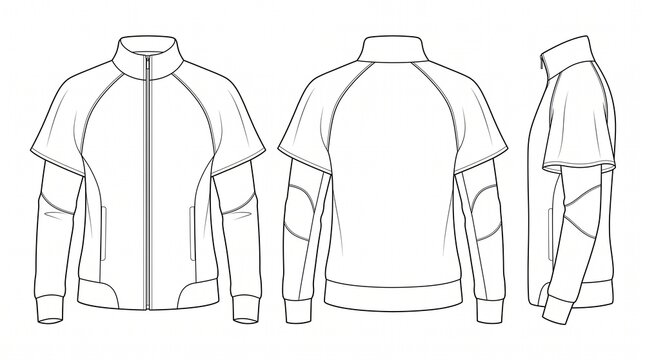 Men's Zip-Up Sports Jacket Technical Flat Sketch with Layered Raglan Sleeves - Front, Back, and Side View