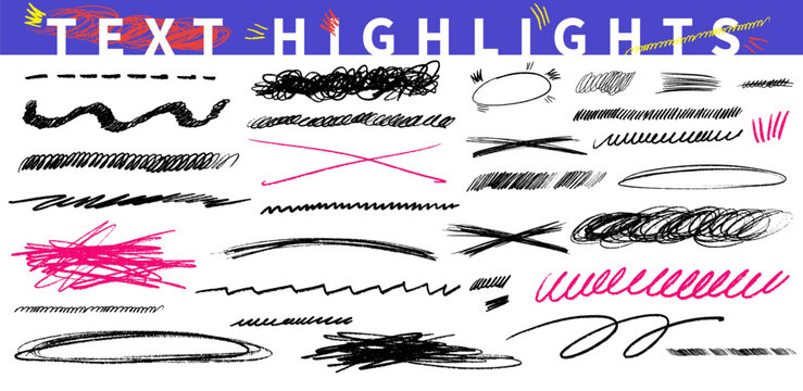 Hand drawn vector text highlights, emphasis. Pen black decorative doodles set. Pencil brush scratch. Abstract Scribbles, naive expressive scratches. Naive kids lines, chaotic underlines scrawl, circle