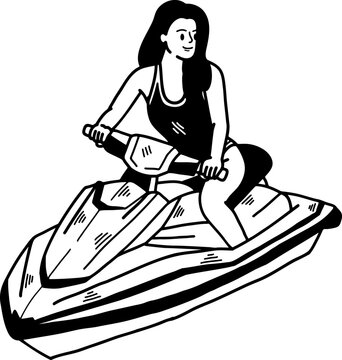 black and white illustration of A woman is riding a jet ski