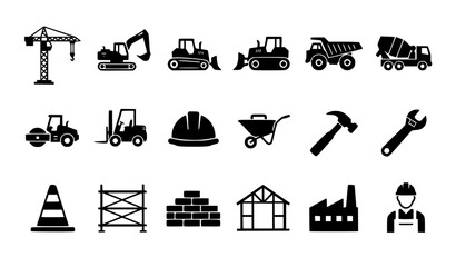Obraz premium Construction Silhouette Icons Set Featuring Heavy Equipment Tools Workers Buildings and Industrial Machinery in Trendy Vector Illustration Style