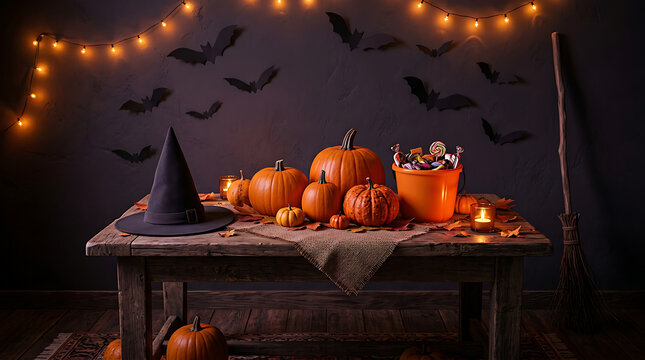Halloween-themed wooden crate display showcasing carved pumpkins and autumn decor in dimly lit indoor setting