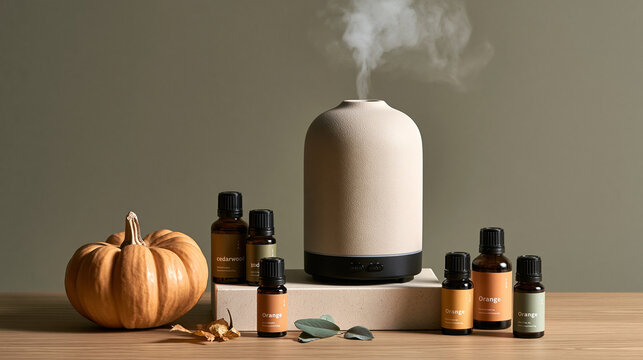Ceramic oil diffuser emitting refreshing mist alongside amber essential oil bottles and a seasonal orange pumpkin