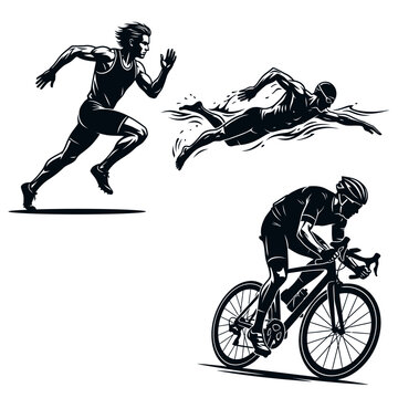 dynamic silhouettes of athletes engaged in triathlon disciplines including running swimming and cycling.
