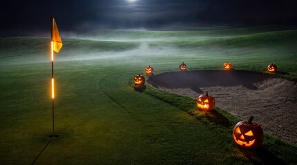 Obraz premium Spooky Halloween Night Golf Course with Glowing Pumpkins and Misty Landscape Under Full Moon