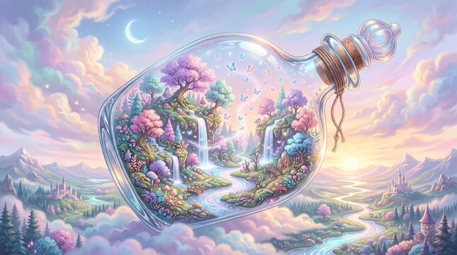 Whimsical fantasy landscape with a magical miniature world contained inside a floating glass bottle.