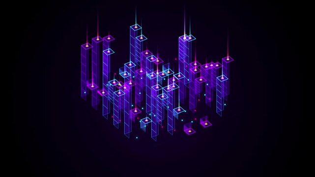 Abstract futuristic data visualization with glowing isometric cubes and light beams on a dark background, representing big data, network, and technology
