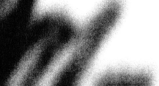 Broad dark diagonal strokes intersect in a soft grainy monochrome halftone composition.