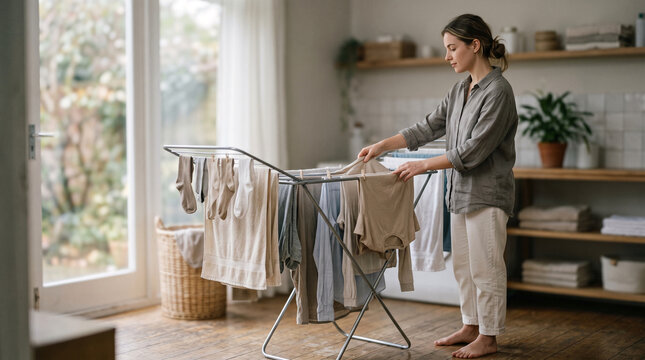 Woman hanging laundry to dry on a rack near a window in a bright room