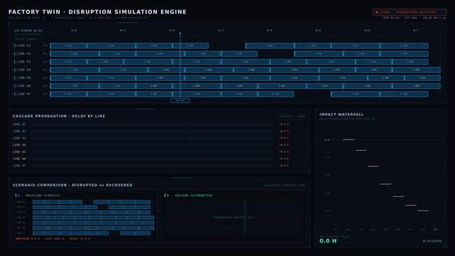 A detailed factory twin dashboard simulating operational disruptions with real-time data visualizations and recovery strategies for improved decision-making in manufacturing.