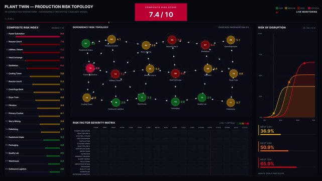 Visualize production risks with a dynamic Plant Twin dashboard featuring a force-directed graph of operations, animated risk scores, and cascading failure simulations.
