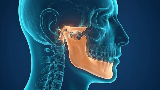 3D medical animation illustrating the movement of the human temporomandibular joint and mandible bone during jaw opening and closing