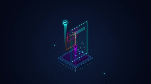 Futuristic isometric data visualization with glowing neon elements on a dark background, representing abstract technology, digital analytics, and modern innovation