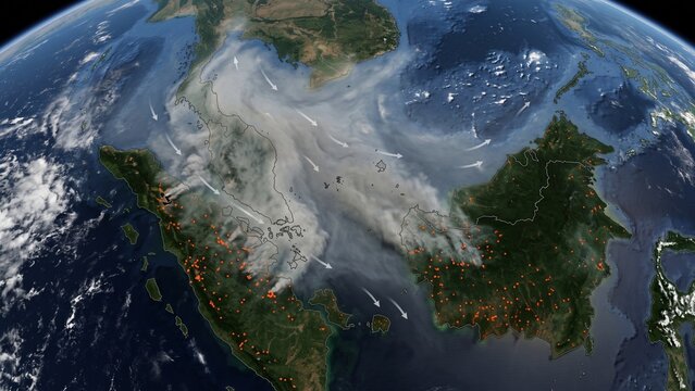 Satellite view of Southeast Asia showing forest fire hotspots and smoke haze plume spreading across Sumatra and Borneo