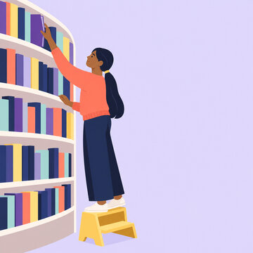 Reader reaching for a book on a tall library shelf