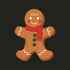 Obraz premium Traditional Christmas Gingerbread Man Cookie with Red Scarf and White Icing. Sweet Winter Holiday Food Flat Vector Illustration Isolated on Dark Background