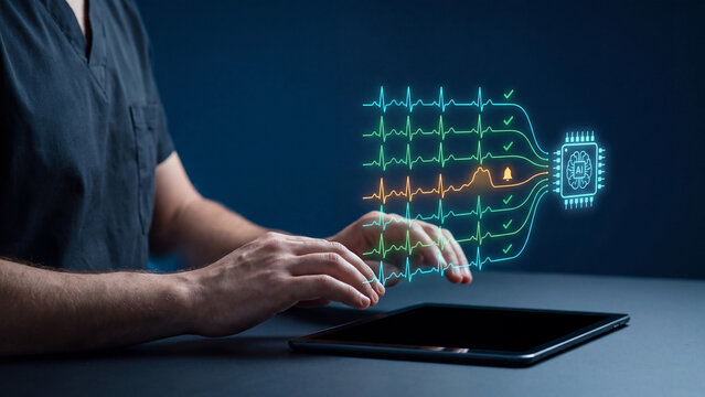AI ECG heart monitoring and arrhythmia detection concept. Doctor using tablet with heartbeat signals flowing into AI chip hologram with alert for smart cardiology and patient care