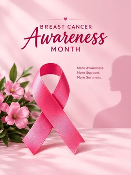 Pink breast cancer awareness ribbon with flowers