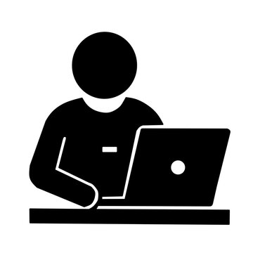 Person working on laptop at desk icon, vector illustration for freelancer, remote work, programmer, software engineer, online student, and office workplace concepts isolated on white background