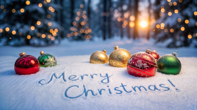 Weihnachtskugel im Schnee mit Lichterkette und Schriftzug Merry Christmas