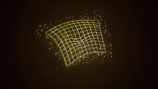 Abstract golden mesh deforming with glowing particles in dark space during a slow camera orbit