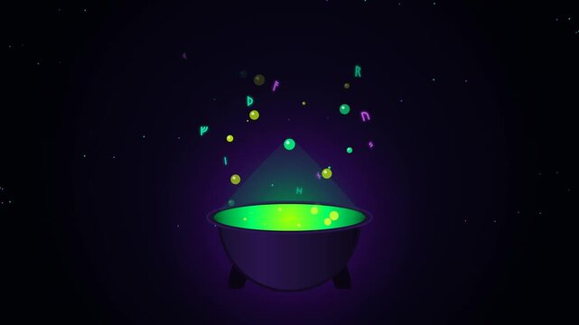 Witches cauldron bubbling with green magic potion and glowing bubbles in dark fantasy night