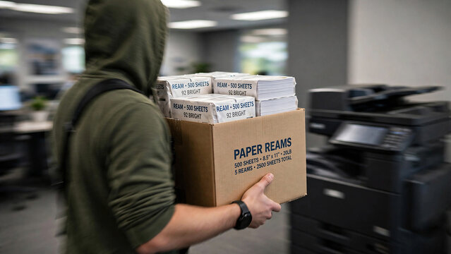 Person carrying box of paper reams in office