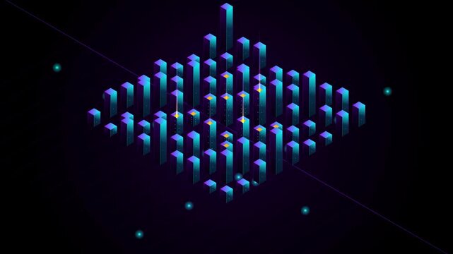 Abstract isometric data visualization with glowing blue and purple blocks, light beams, and subtle dots on a dark background, representing digital information flow and technology