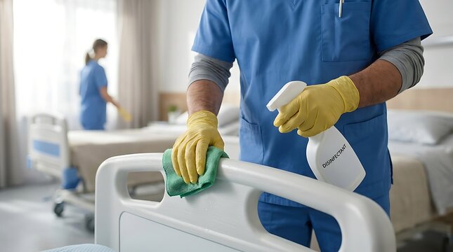Healthcare worker meticulously cleaning hospital bed rails with disinfectant spray and cloth.
