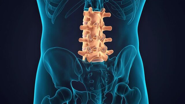 3D medical animation of the human skeletal system highlighting the lumbar vertebrae and spinal column within the lower back and pelvis