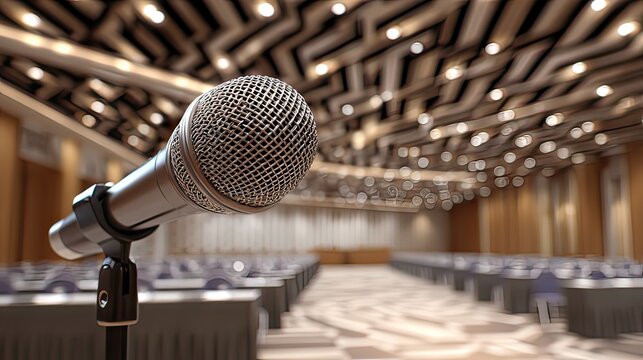 microphone on stand in empty conference hall prepared for business event presentation or seminar