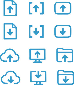 Minimal black and white upload and download icon set featuring cloud storage, computer monitors, folders, and document symbols. Clean, bold vector graphics for web interfaces, applications, file shari