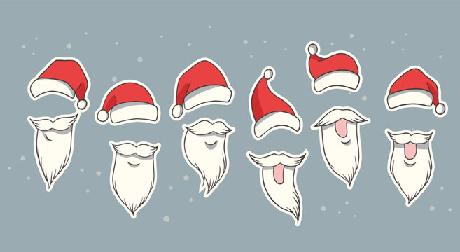 santa claus hat and beard collection colorful vector illustration