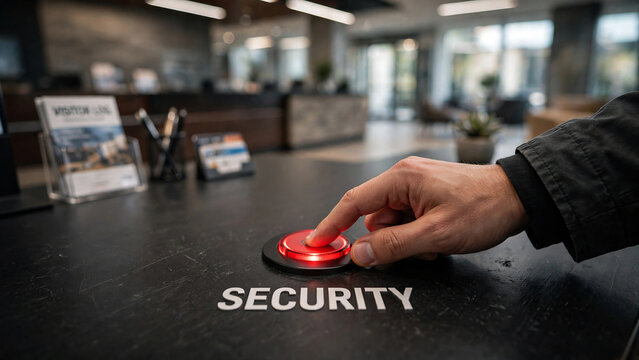 Hand pressing red security button in modern office