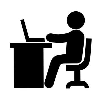 Person sitting at desk working on laptop side view icon, vector illustration for freelancer, office ergonomics, remote work, programmer, software developer, and study workspace concepts isolated o
