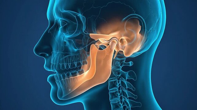 3D medical animation of a human head showing the movement of the mandible and temporomandibular joint in profile view