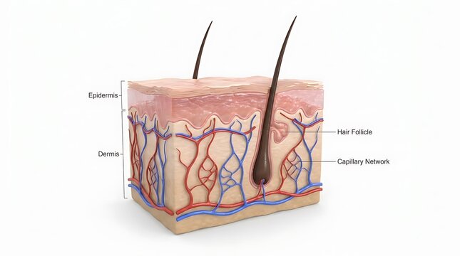 Anatomical cross section of human skin showing layers and hair follicle structure with skin anatomy dermal layers biological structure