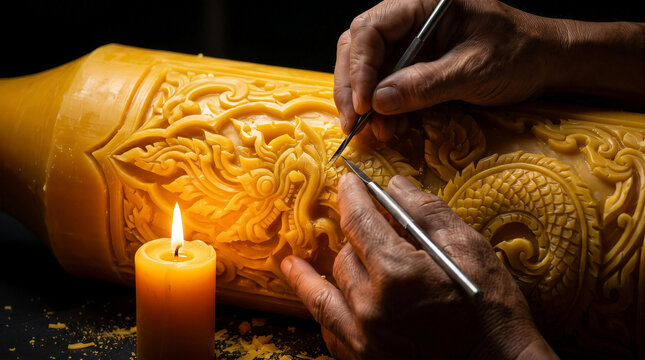 Candle carving, artisan hands sculpting intricate traditional Thai Naga pattern on large wax candle.